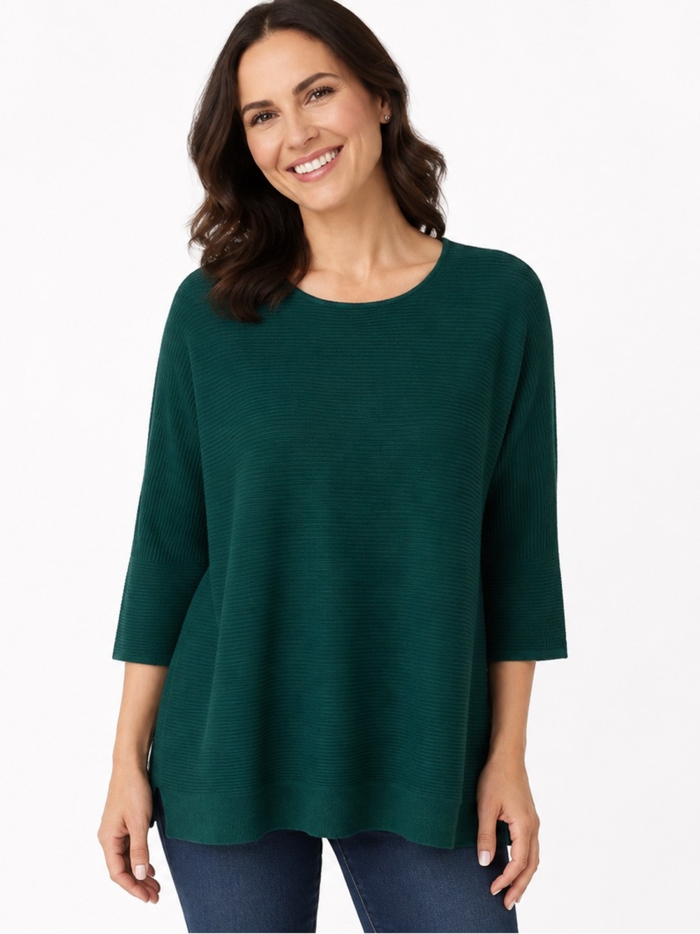 Chico’s Size 2 Forest Green Textured Ribbed Tunic Sweater 3/4 Sleeve Chico Large